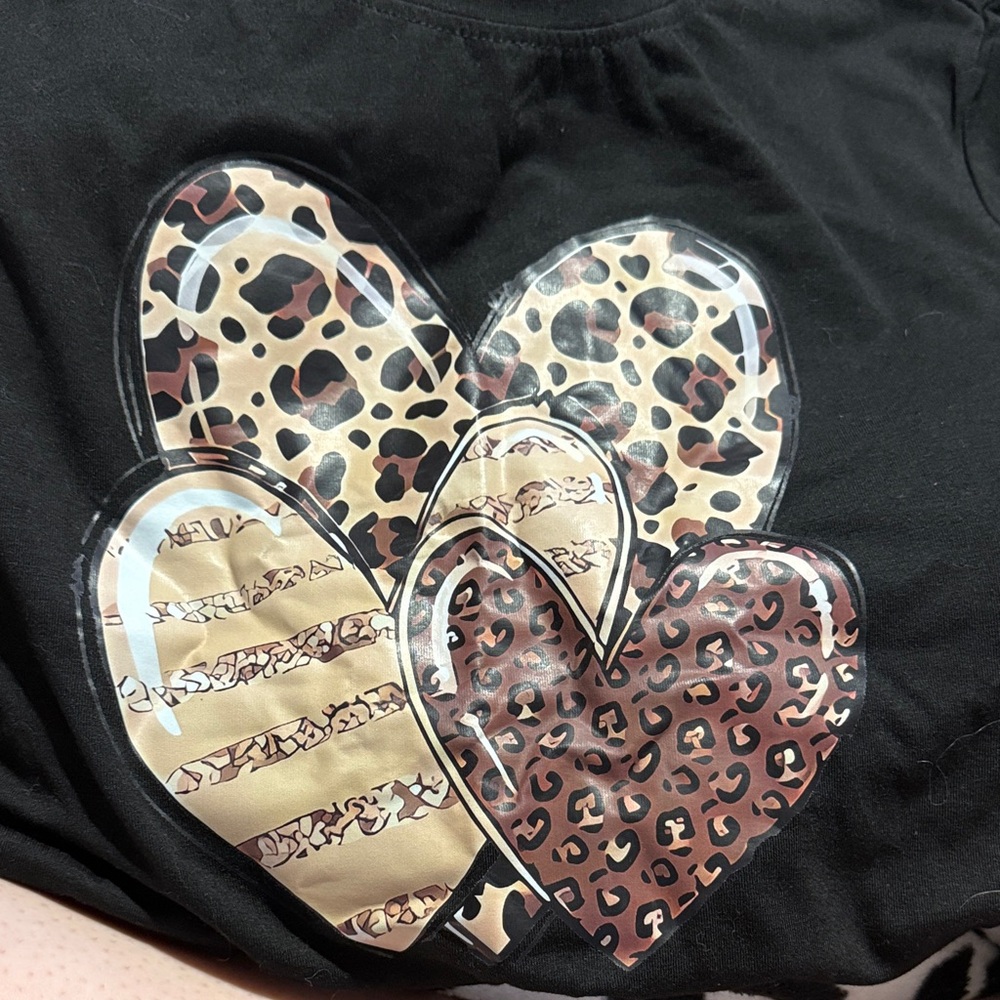 SHEIN Black Tee with Leopard Print Heart Design